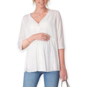 Seraphine Maternity Confetti Fleck White Woven Drop Waist Blouse Button Front 6